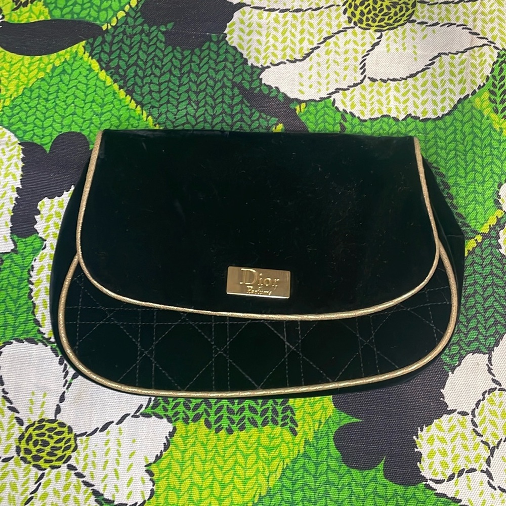 Christian Dior Parfum black velvet gold clutch purse womens designer handbag bag